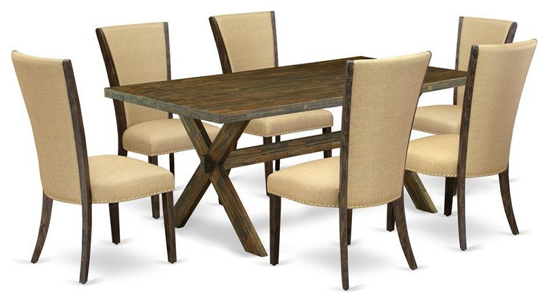 7-Piece Set, Table and 6 Chairs With Brown, Linen Fabric, Medium Size Table