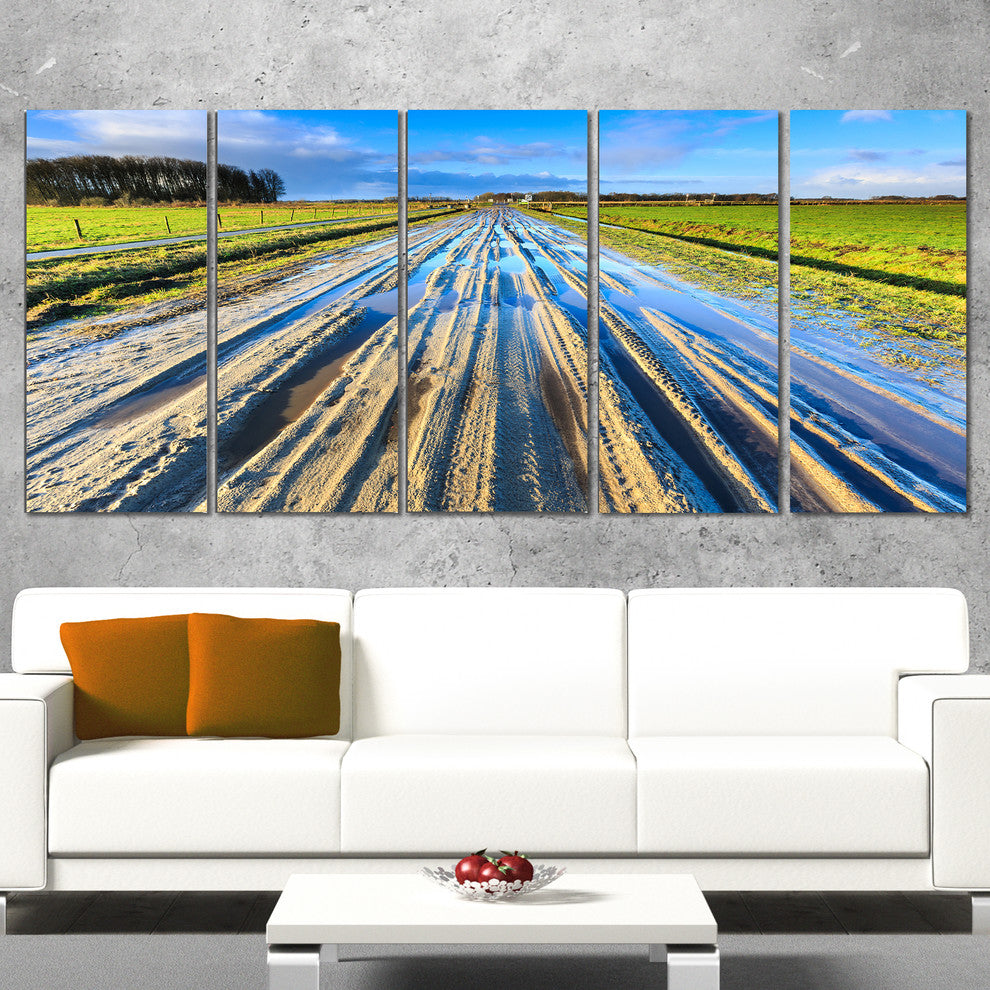 Muddy Sand Lane On Sunny Day, Landscape Canvas Art Print, 60"x28", 5 Panels