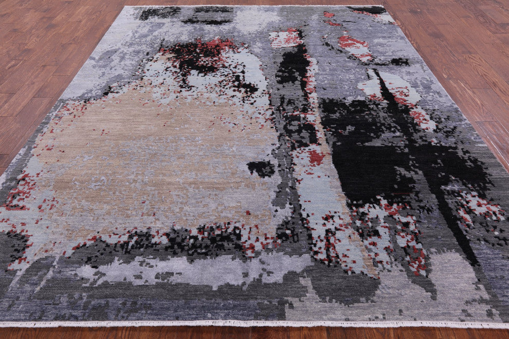 8' 1" X 10' 1" Abstract Wool and Silk Hand Knotted Rug- Q6572