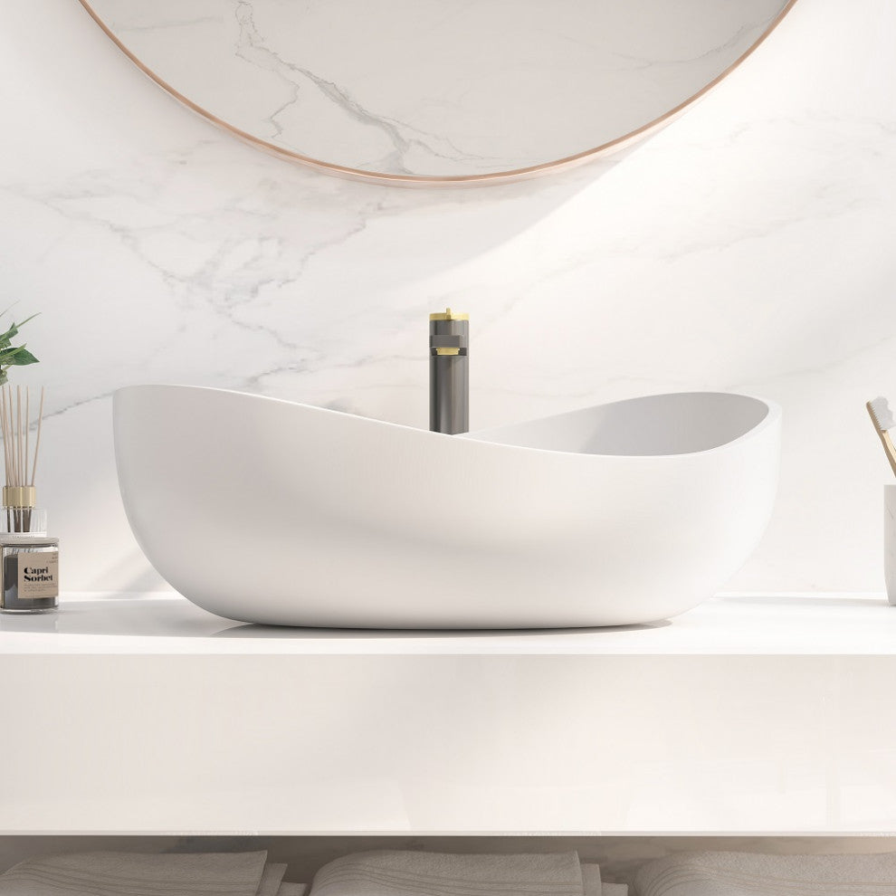 Bathroom Stone Resin Oval Vessel Sink Modern Art Sink with Pop Up Drain, Matte White