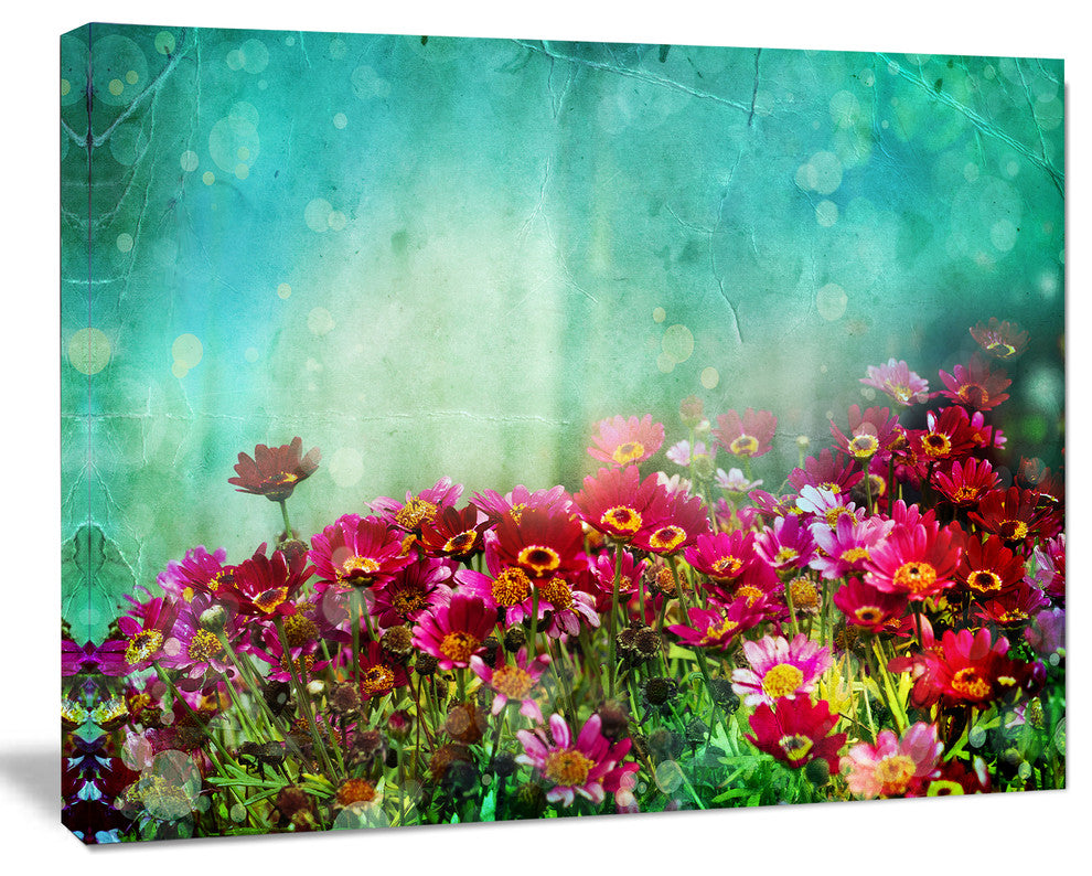 Little Red and Pink Flowers on Blue, Floral Canvas Art Print, 60"x28"