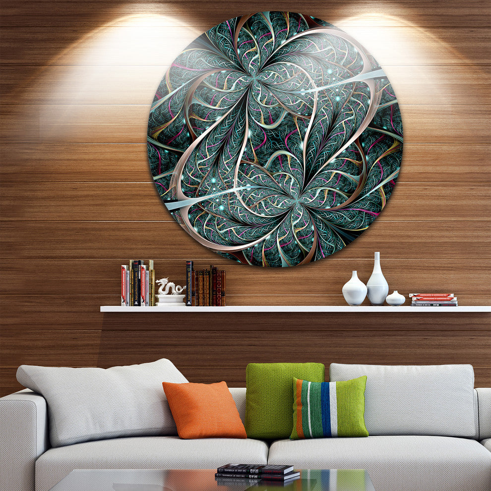 Dark Green Purple Digital Art Fractal Flower, Disc Metal Wall Art, 36"