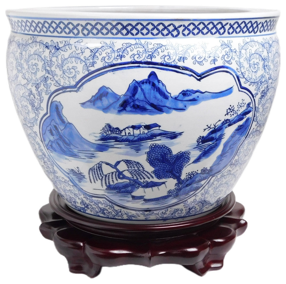 Blue and White Asian Porcelain Garden Pot Painted Landscape, 10