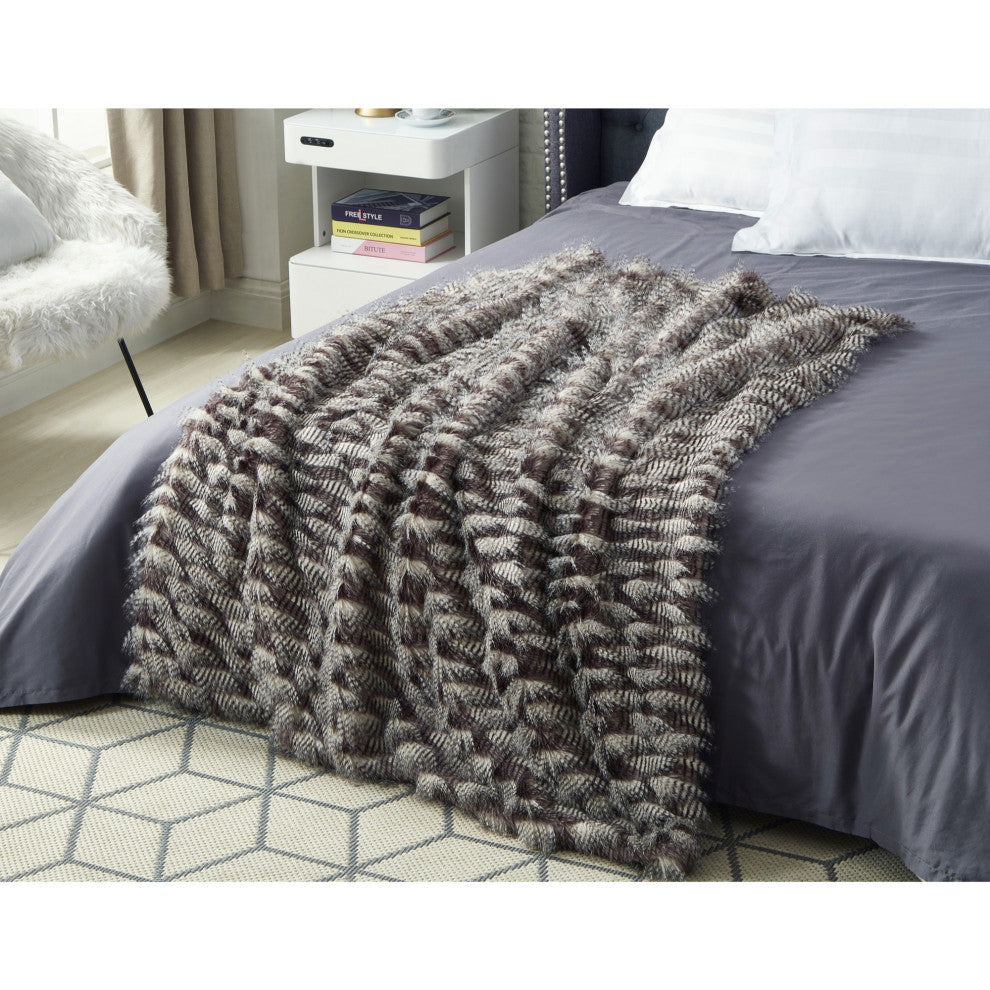 Rashidi Faux Feather Fur Throw 50"x60", Dark Grey