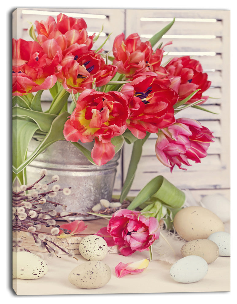 Tulip Flowers and Easter Eggs, Floral Canvas Art Print, 12"x20"