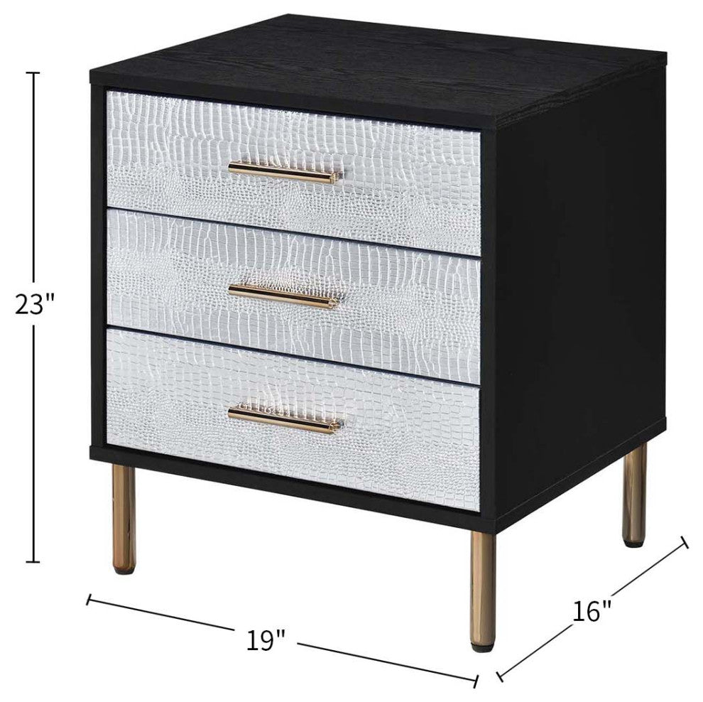 Black and Silver Nightstand With 3 Drawers, Gold Finish
