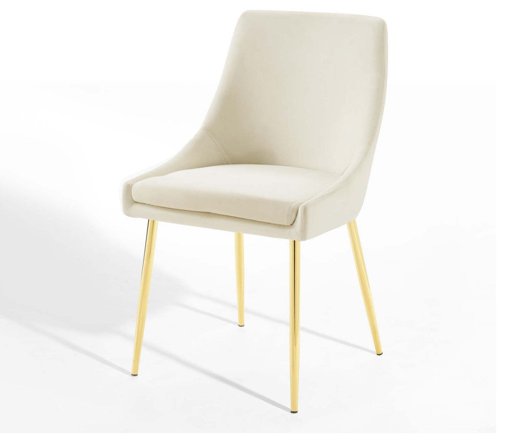 Side Dining Chair, Set of 2, Velvet, Metal, Gold Ivory White, Modern, Bistro