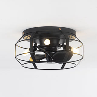 12 in Black Flush Mount Caged DC Motor Ceiling Fan with Light Kit and Remote