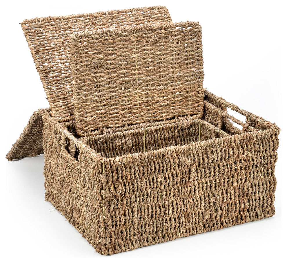 Rectangular Seagrass Baskets, Lids, 3-Piece Set