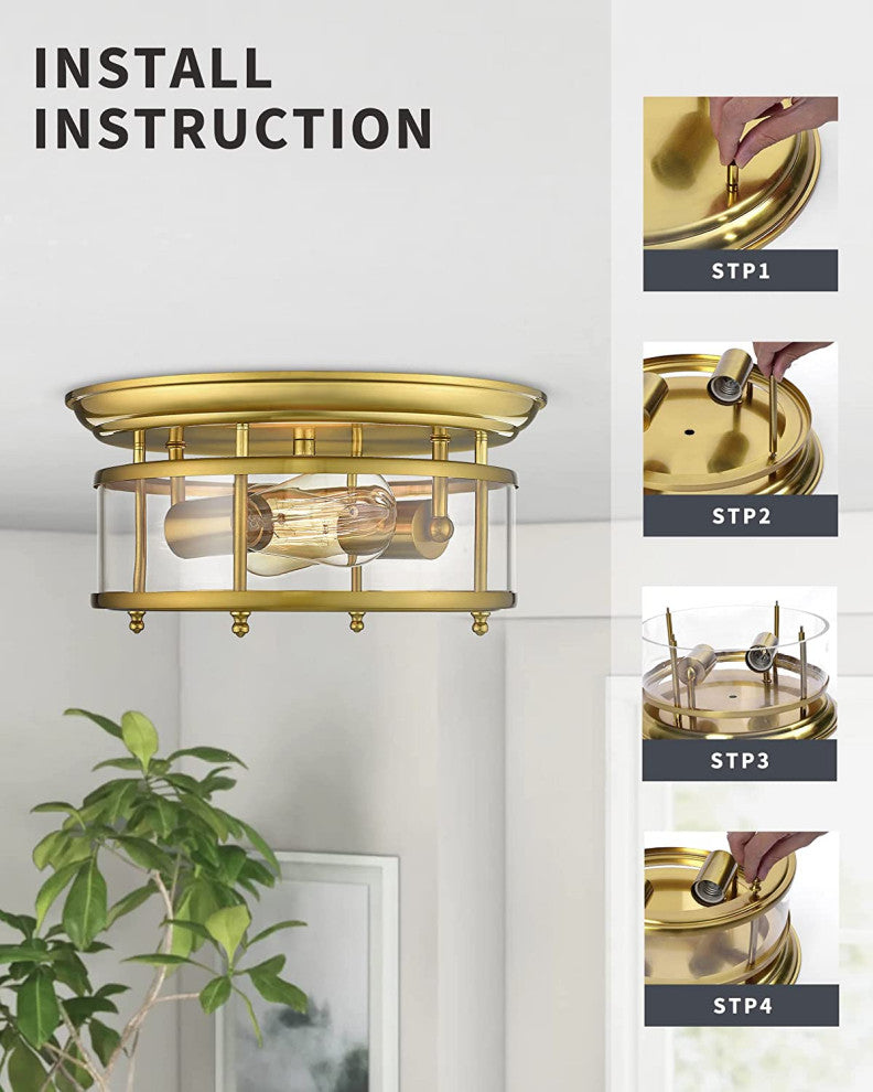 2 Light Ceiling Light, Flush Mount, Gold