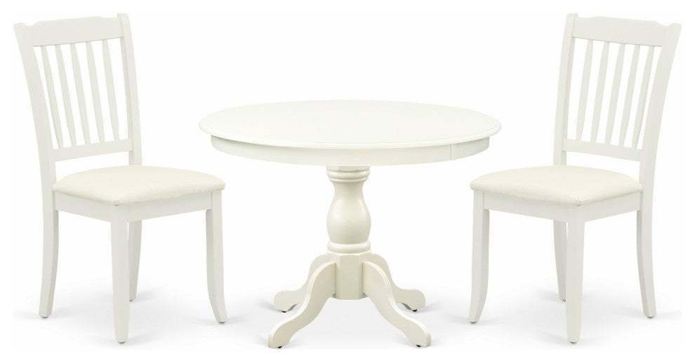 3 Pc Kitchen Set, Linen White Wood Table, 2 Linen White Chairs, Slatted Back