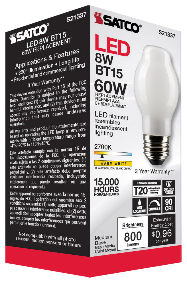 8W BT15 LED, White, Medium Base, 90 CRI, 2700K, 120V