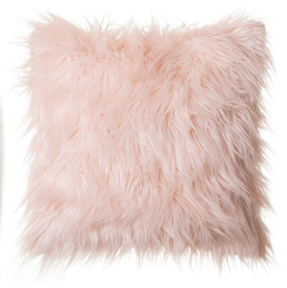 Faux Fur Throw Pillow 18"X18" With Insert, Mongolian Long Hair Pink