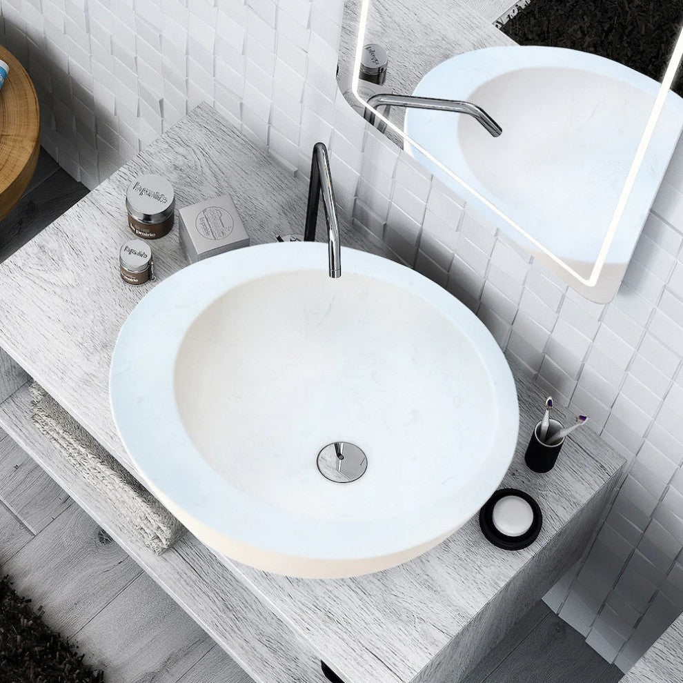 White Fossil Limestone Natural Stone Sloped Rim Vessel Sink (D)16" (H1)8" (H2)6"