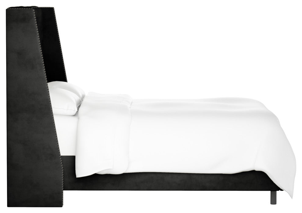 Williams Twin Nail Button Wingback Bed, Velvet Black