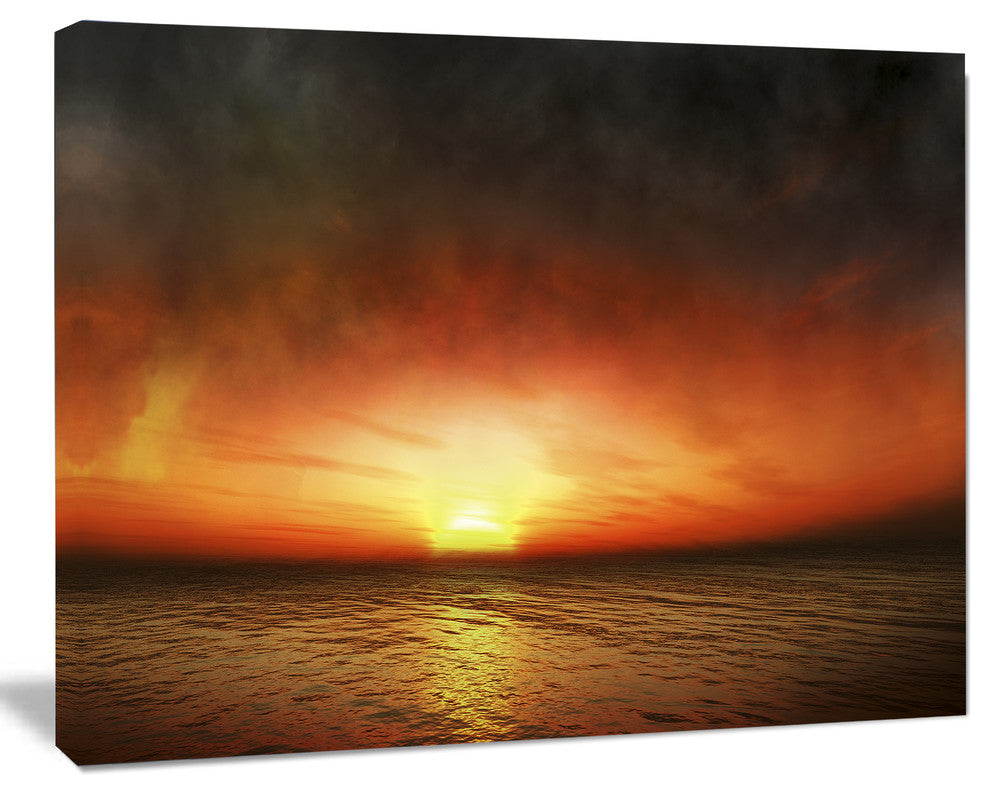 Fiery Sunset Beach under Cloudy Sky, Modern Seashore Canvas Art, 20"x12"
