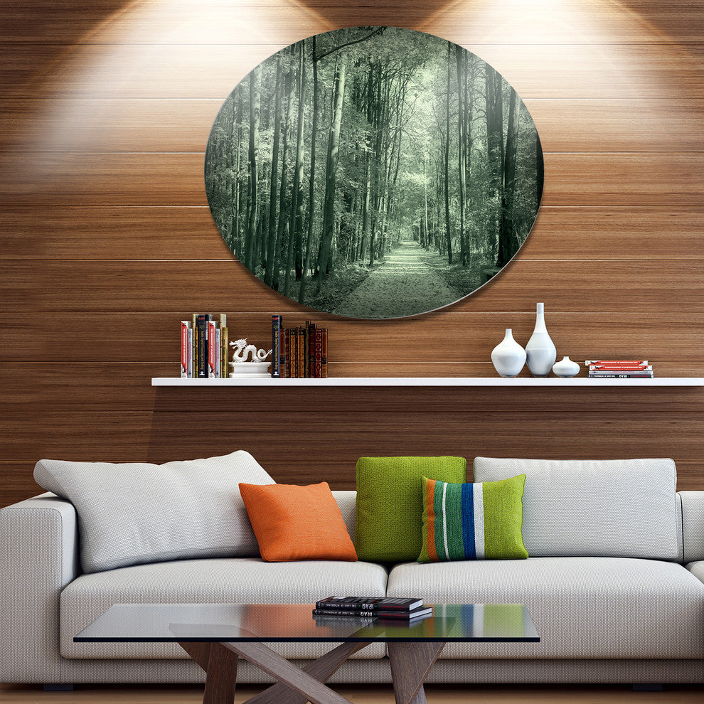Road In Dark Autumn Forest, Modern Forest Round Wall Art, 11"