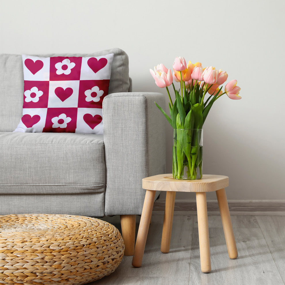 Heart And Flowers Grid Decorative Throw Pillow, Bold Pink, 26"x 26"
