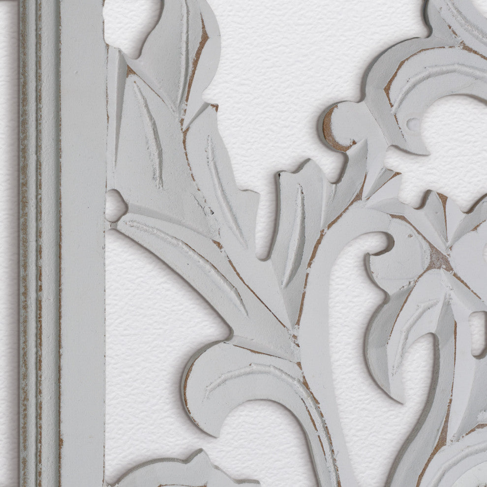 Hand-Carved Distressed White Floral Wood Wall Medallion  - 24" x 36"