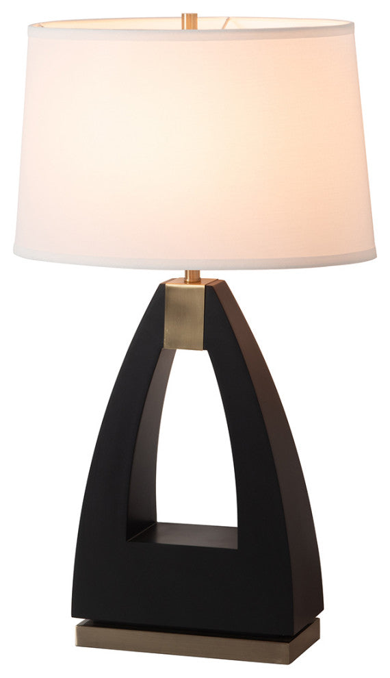 Trina Table Lamp - Wood Finish, Weathered Brass, White Linen Shade, 3-Way Switch