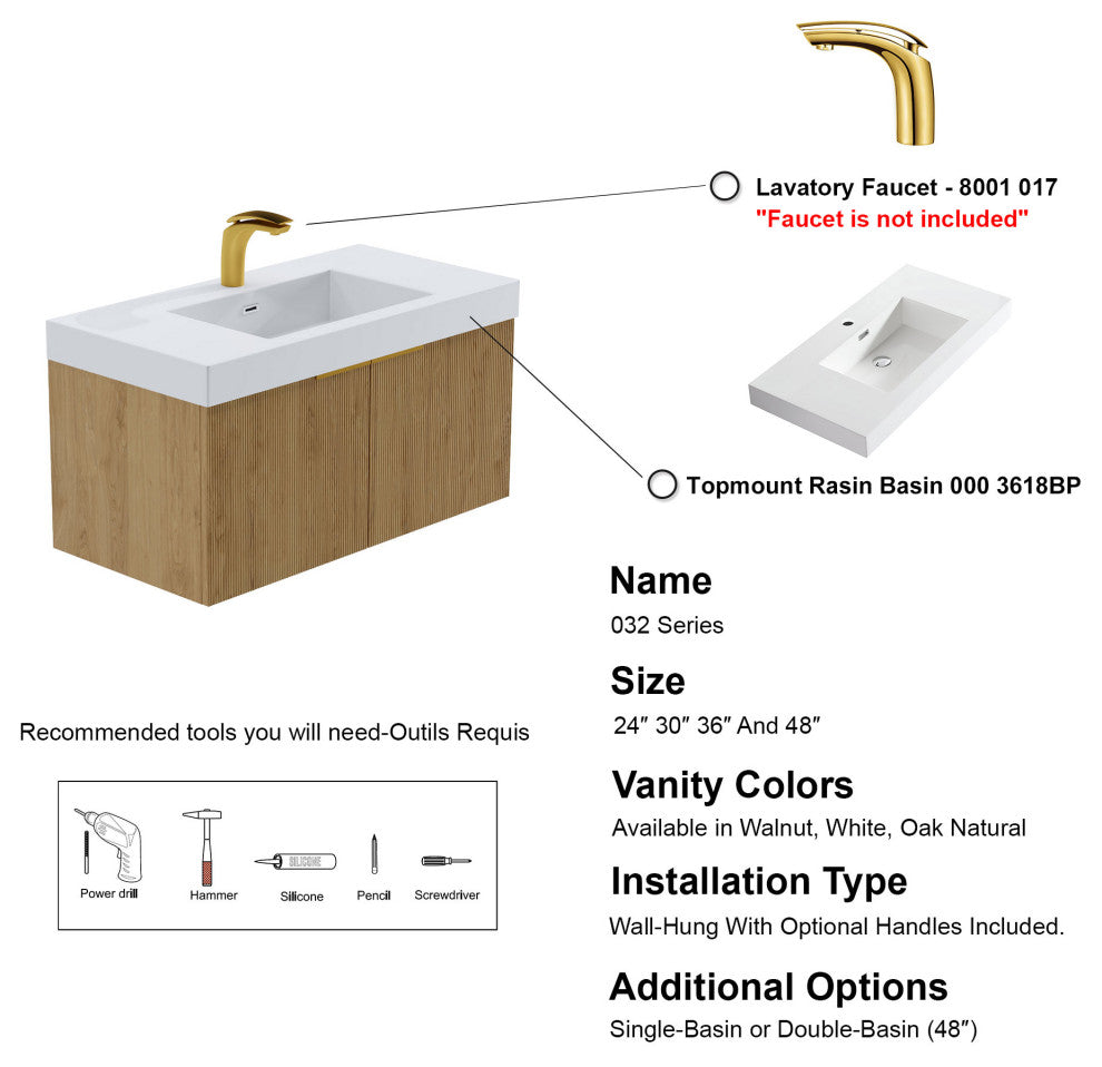 Pershing 36" Single Vanity Set, Oak Natural, Resin Basin