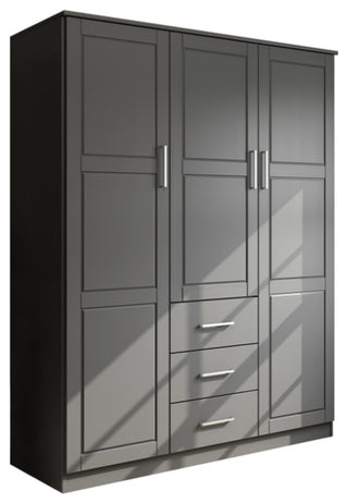 100% Solid Wood Cosmo 3-Door Wardrobe/Armoire, 2 Shelves, Gray-Raised Panel