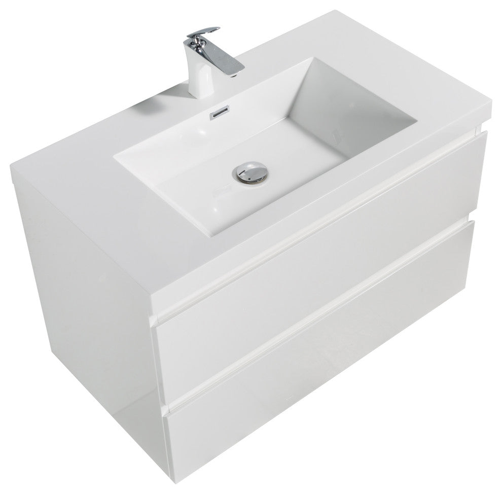 Alma-Pre Wall Mount Vanity With White Sink, Gloss White, 30"