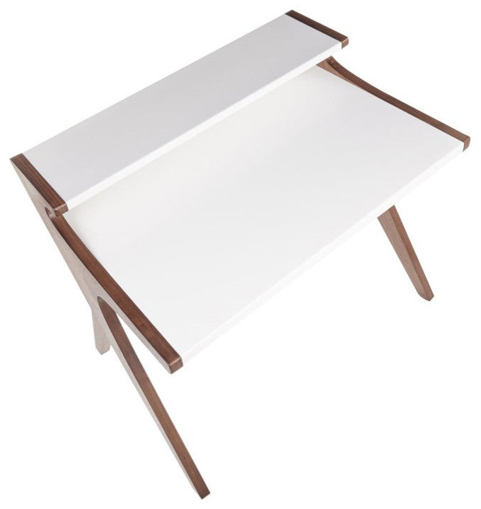 Contemporary Desk, X-Shaped Legs With Wooden Top & Open Shelf, Walnut/White