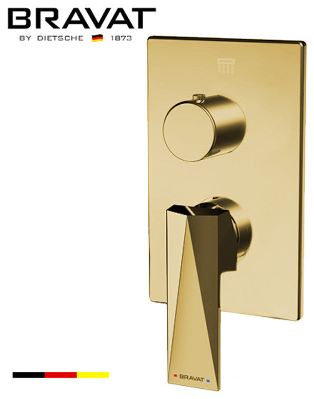 Bravat Brushed Gold Square Shower Set, Valve Mixer 3-Way Concealed Wall Mount