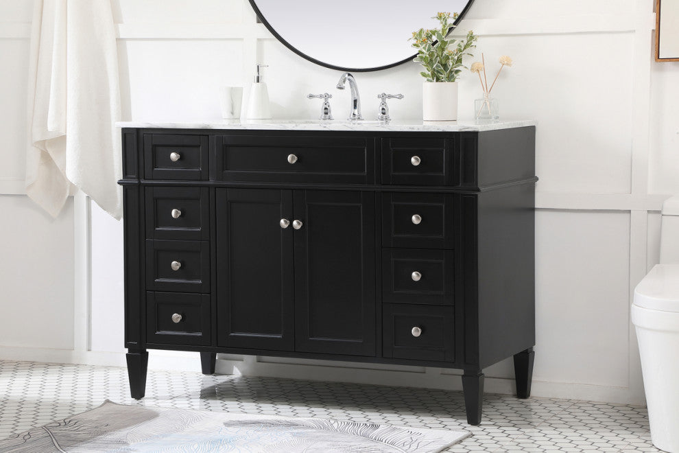 Home Living Vanity with Carrara White Marble Countertop, Black, 48", Single Sink