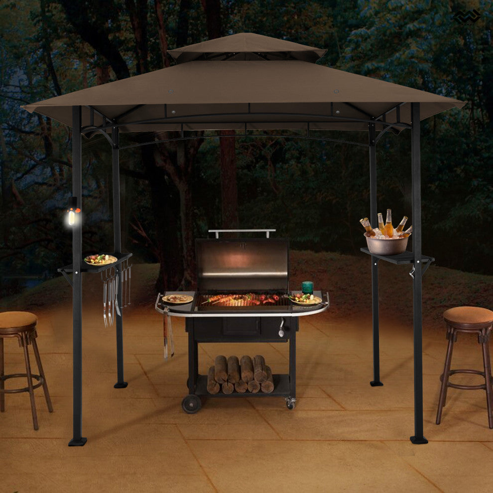MEWAY 8x5 Grill Gazebo 2-Tiered Outdoor BBQ Canopy Tent, Brown, 8x5