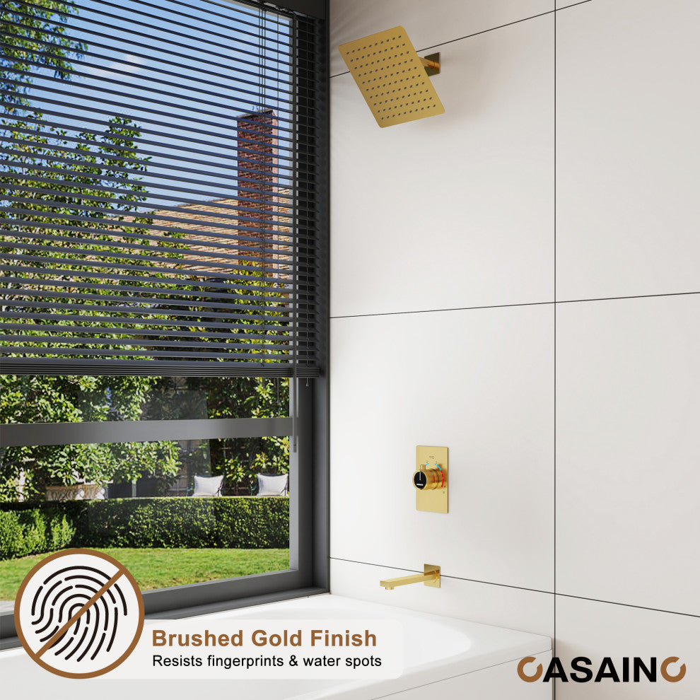 10inch Wall Mount Dual Function Rain Shower System with Tub Spout, Brushed Gold