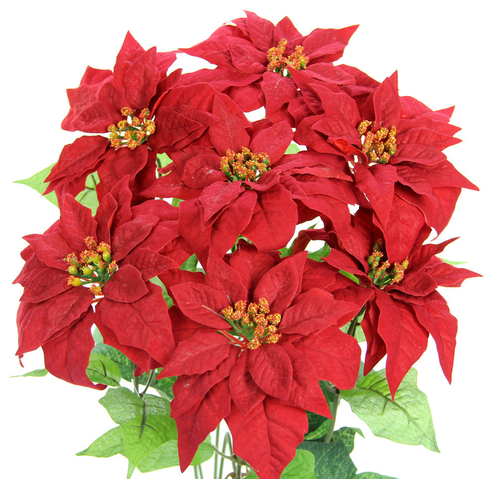 Faux Velvet Poinsettia Christmas Flower Mixed Bush, Red