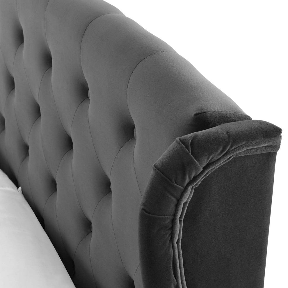 Platform Bed Frame, Queen Size, Velvet, Dark Gray, Modern Contemporary