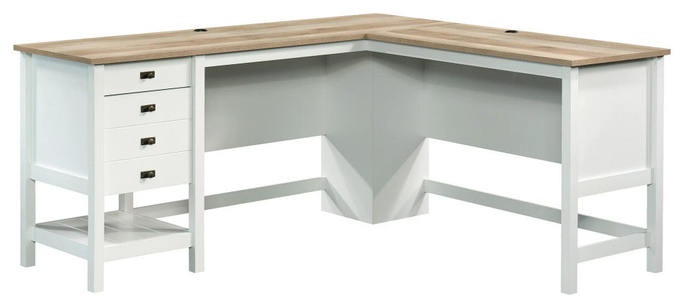 Classic Desk, L-Shaped Design With Storage Drawers & Round Handles, White Oak