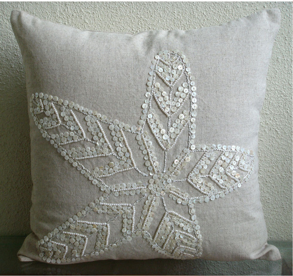 Starfish Ecru Shams, Cotton Linen 24"x24" Pillow Shams, Starfish Pearls