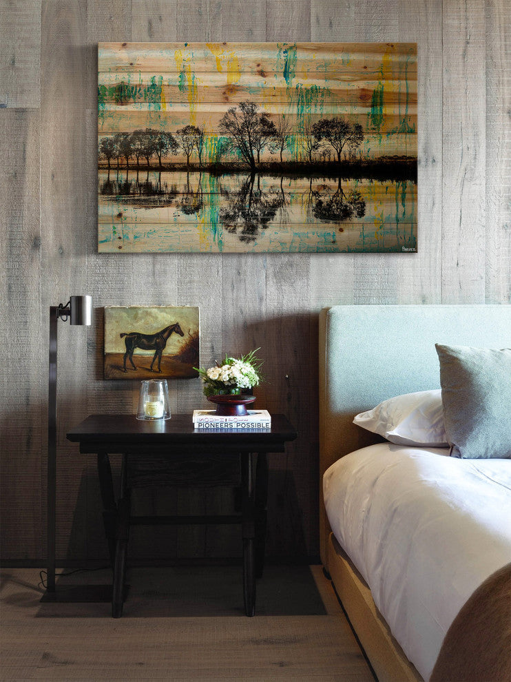 "Green/Yellow Splashes" Painting Print on Natural Pine Wood, 60"x40"