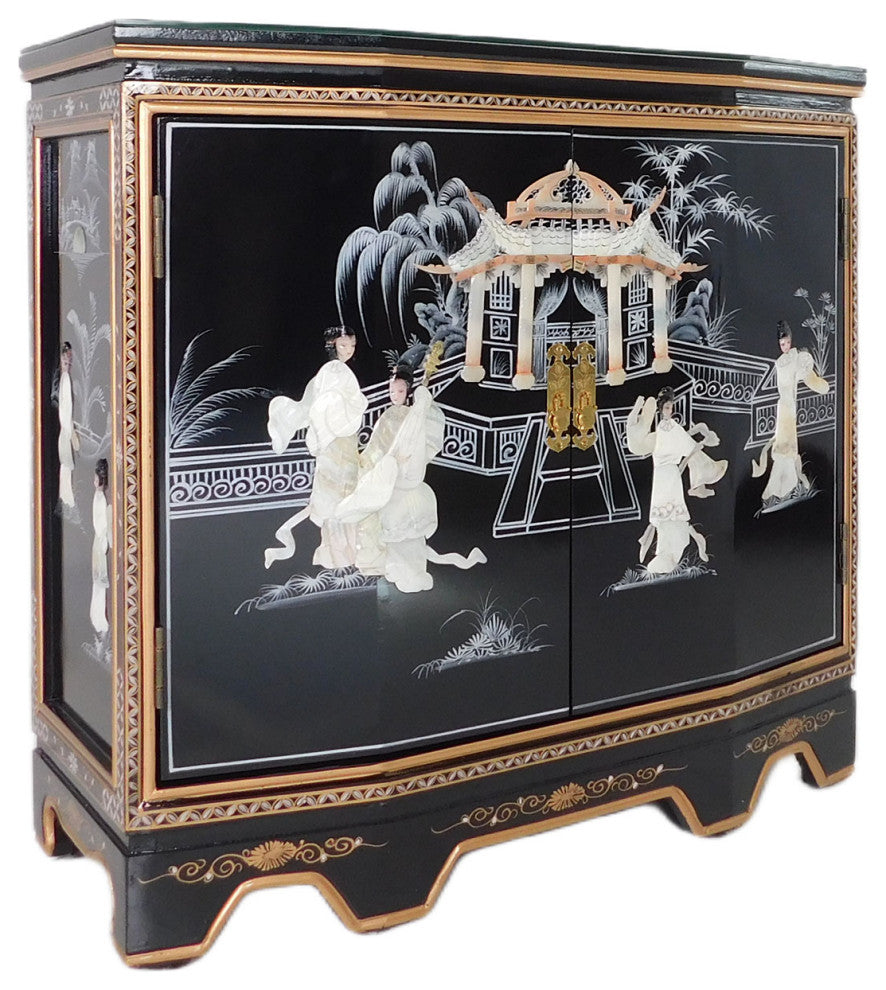 Oriental Slant Front Cabinet With Mother of Pearl, Hand Painted Black With Mother of Pearl