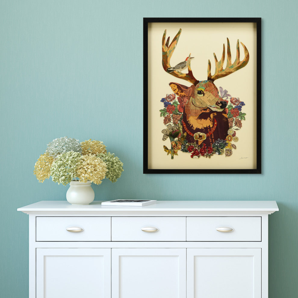Mr. Deer Dimensional Handmade Collage Wall Art Framed Under Glass