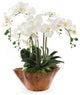 White Real Touch Phalaenopsis Orchids in Rustic Teak Bowl