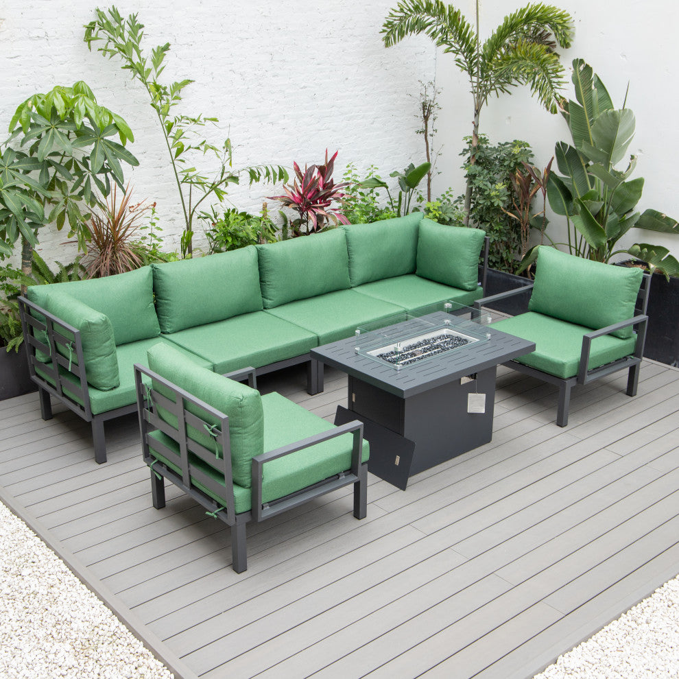 LeisureMod HSFBL-7G Hamilton 7-Pcs Conversation Set Fire Pit Table&Cushions