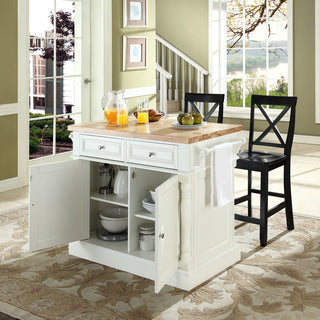 Butcher Block Top Kitchen Island, White Finish With 24" Black X-Back Stools