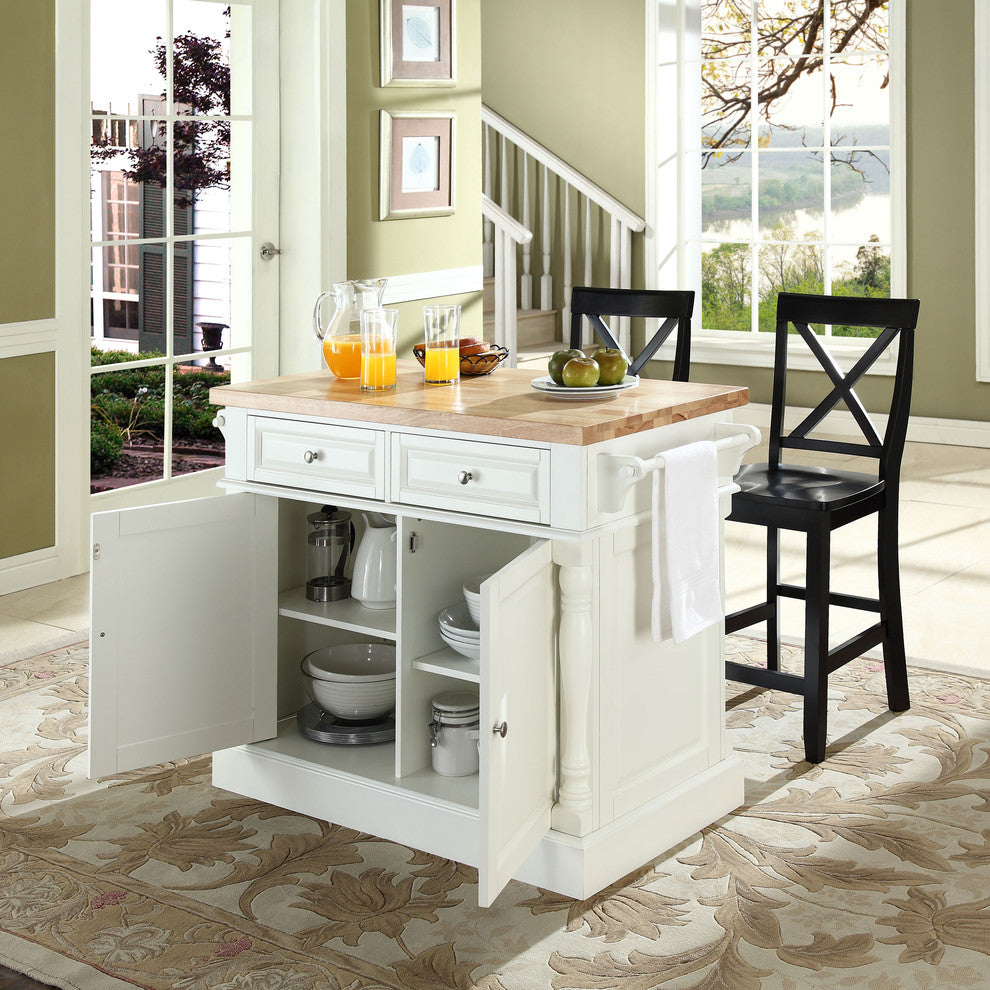 Butcher Block Top Kitchen Island, White Finish With 24" Black X-Back Stools