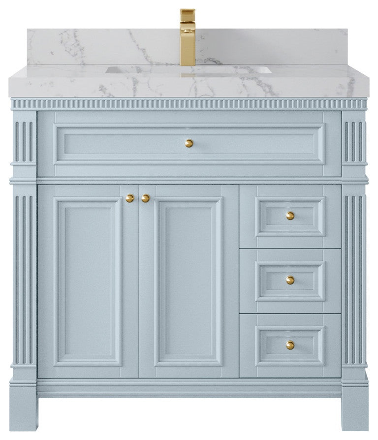 Paris 36" Center Sink Bathroom Vanity, Blue Heather 2" Venatino Quartz