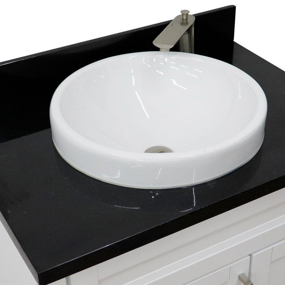 31" Single Sink Vanity, White Finish With Black Galaxy Granite With Round Sink