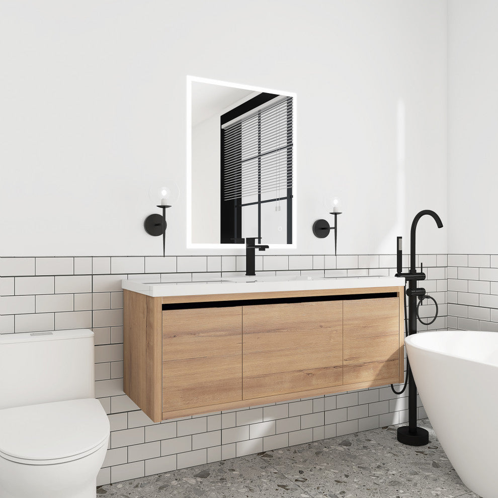 Bathroom Vanity With White Resin Top and Basin, Imitative Oak, 48x18