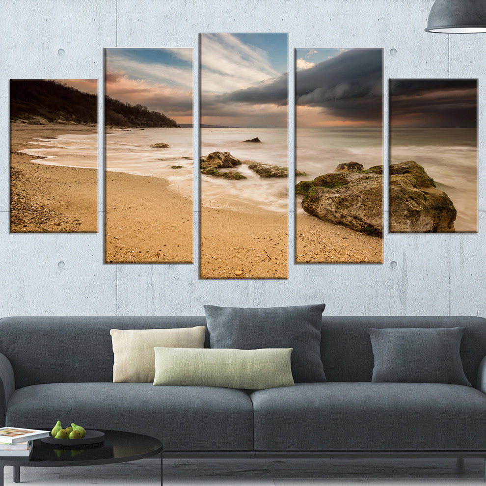 "Exotic Seashore With White Waves" Beach Canvas Wall Art, 5 Panels, 60"x32"