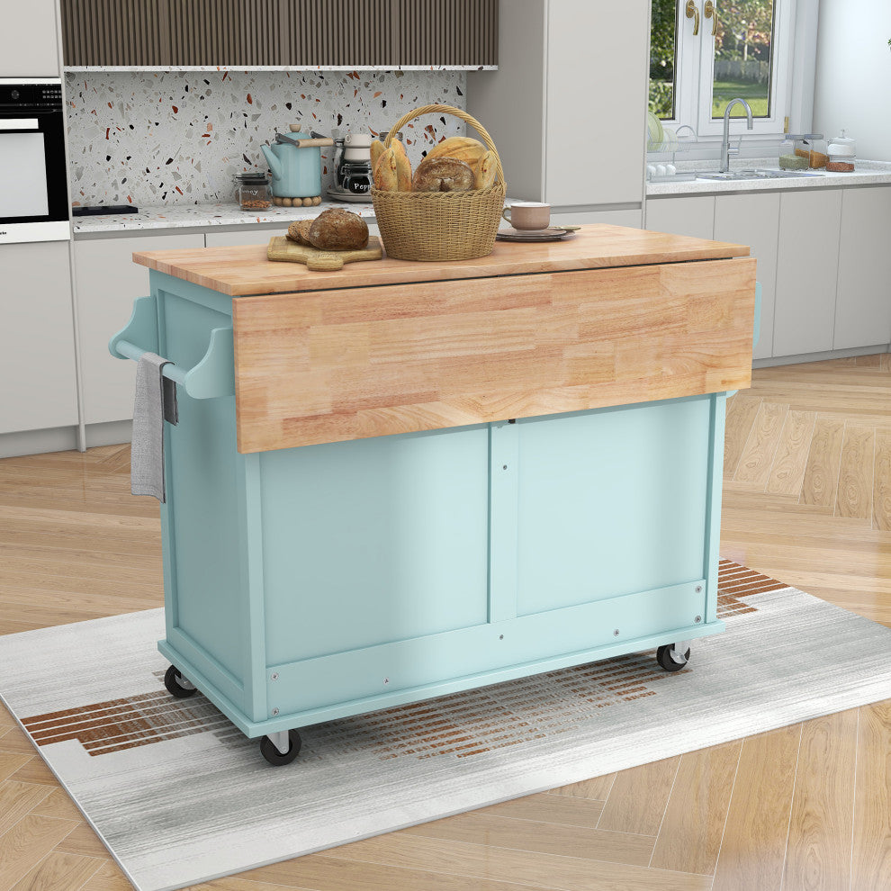 TATEUS Cambridge Solid Wood Top Kitchen Island, Blue