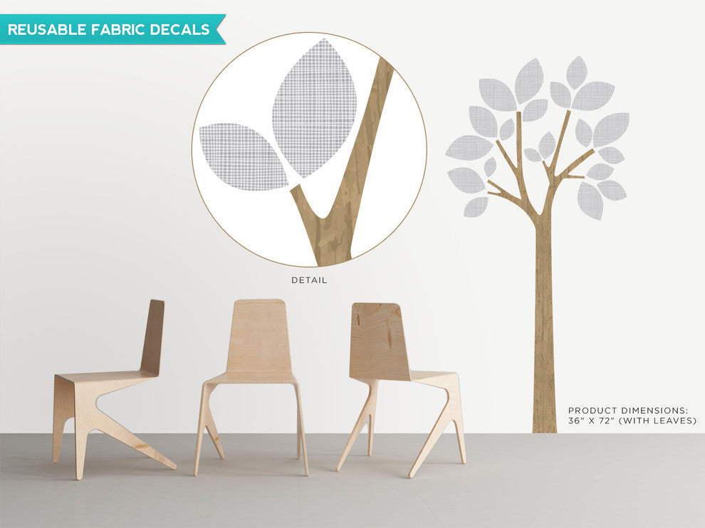 Modern Tree Fabric Wall Decal With Patterned Leaves, Grey
