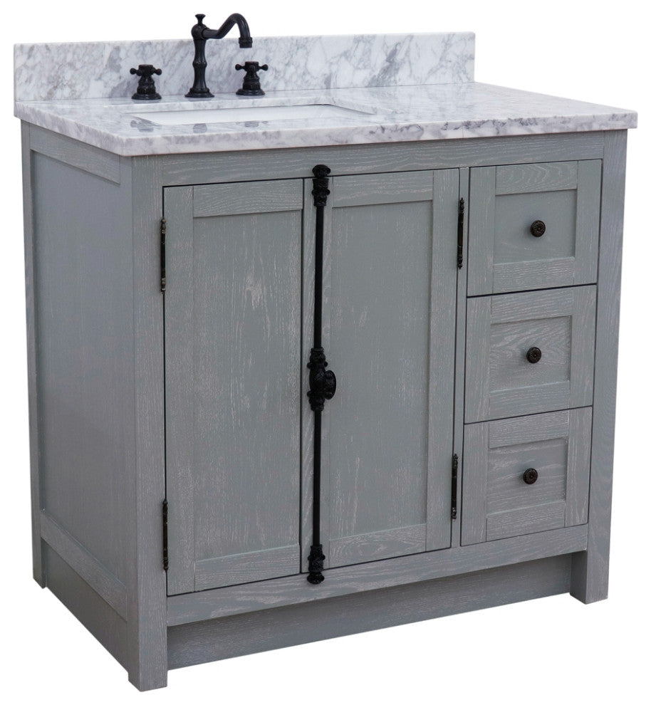 37" Vanity, Gray Ash With White Carrara Top, Left Doors/Left Rectangle Sink
